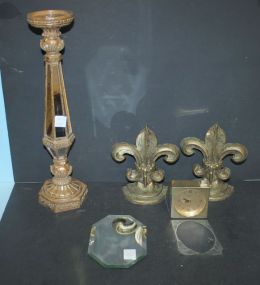 Mirrored Candlestand, Pair of Fleur-De-Lis Bookends, Seiko Clock, and Small Plateau candlestand 18"h