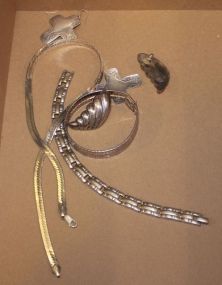 Box Lot of .825, .925 Earrings, Two Crosses, Necklace, 24K Gold Plated Bracelet 19"w., 10"d., 42"h.