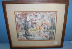 Framed Watercolor "By the Lake" signed Polly Cooper