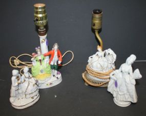 Two Small Vintage Porcelain Lamps and Figurines Two Small Vintage Porcelain Lamps 10"h., and two porcelain Figurines 5"h.