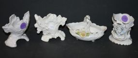 Four Small 3" Porcelain Baskets and Bisque Match Holder Four Small 3" Porcelain Baskets and Bisque Match Holder
