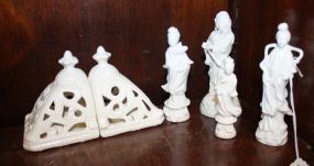 Four Porcelain Oriental Figurines and Pair of Porcelain Votives 3" - 5"h.