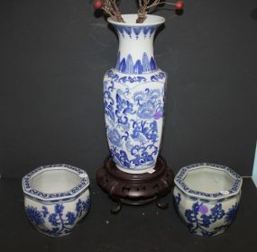 Two Blue and White Flower Pots, Blue and White Vase on Stand 5"dia., Vase 13"h.