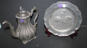 Dresco. Freres Teapot and German Pewter Plate Dresco. Freres Teapot 9"h., and German Pewter Plate 9"dia.
