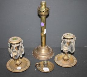 Brass Candlestand, Pair of Brass Candlesticks with Prisms, and Small Brass Candlestick Brass Candlestand (missing shade) 12"h., Pair of Brass Candlesticks with Prisms 6"h., and Small Brass Candlestick