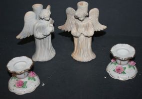 Two Ceramic Angels and Two Vintage Candlesticks Two Ceramic Angels 5"h., and Two Vintage Candlesticks 2"h.