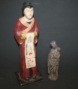 Distressed Wood Figurine of Chinese Lady and Ceramic Mother/Child Chinese lady 18"h., mother/child 10"h.