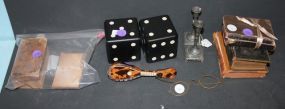 Wood Dice, Mini Candlesticks, Mini Size Books, Glasses, and Mandelin wood dice 2"sq., Mandelin 5".