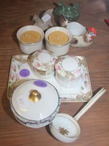 Porcelain Sauce Ladle, Miniature Chickens, Tureen, Candleholders Porcelain Sauce Ladle, Miniature Chickens, Tureen, Candleholders.