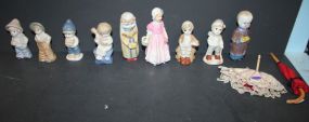 Group of Porcelain, Bisque Dolls, and Two Miniature Umbrella's 4" - 6"h.