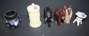 Elephants, Faux Ivory Box, and Oriental Figurine Elephants 4"h., Faux Ivory Box, and Oriental Figurine 4"h.