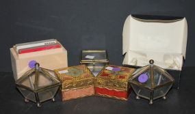 Two Square Venetian Boxes, Place Card Vase, Cards, and Three Plastic Boxes boxes 2", 3" plastic boxes