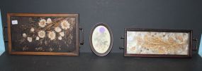 Two Dried Leaf Trays and Oval Print leaf trays 9"w., 4"h., oval print 3"w., 4"h.