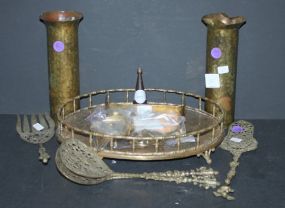 12 pcs Brass tray, 2 vases, 2 large spoons, serving knife, fork, 2 door knockers, and dish