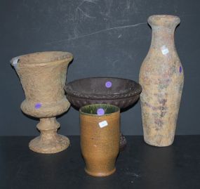 Planters and Vases Terra Cotta Vase, Metal Vase, and Two Terra Cotta Planters.
