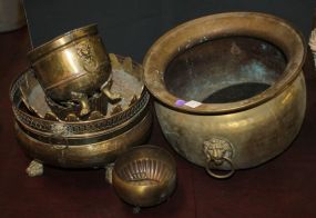 Group of Brass Planters and Pots 6 pcs, larger one missing a foot.