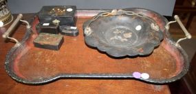 Tray, Inlay Bowl, and Oriental Boxes Antique Oriental Boxes w/ imagery and some with inlay.