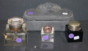 4 Ink Wells 3 glass, 1 cracked metal one.