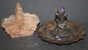 Black Metal Bowl, Resin Candleholder, Wooden Basket candleholder (has chip)