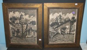 Pair of Framed Villa Scenes artist signed, 13 1/2" w., 16 1/2" h.