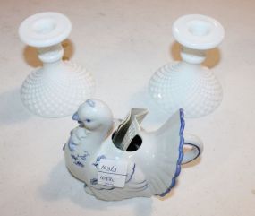 Pair of Milk Glass Candlesticks candlesticks 4"h., and country friends porcelain turkey.