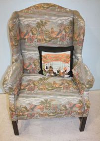 Wing Back Chair Chair covered in oriental motif fabric and throw pillow, 30"w., 45"w.