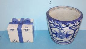 Blue and White Porcelain Box and Planter 8"dia.