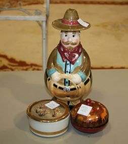 Decorative Round Box, Red Lacquer Round Box, Ceramic Western Gent Bottle Decorative Round Box, Red Lacquer Round Box 3"dia., Ceramic Western Gent Bottle 10"h.