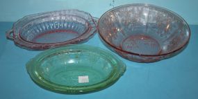 Pink Depression Glass Bowl, Pink Depression Glass Oval, Green Depression Glass Oval Bowl Pink Depression Glass Bowl, Pink Depression Glass Oval 11", Green Depression Glass Oval Bowl 10".