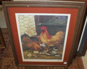 116/1000 Limited Edition Print of Hen, Rooster and Chicks Signed Lowell Davis 20"w., 24"h.