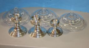 Sterling Single Candlestick (Bent), Pair sterling Candlesticks (Both Bent) and Three Glass Inserts Single Candlestick: 3"h., Pair of Candlesticks: 4"h.