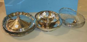 Various Silverplate Pieces Including Oval Tray, Lid, Four Round Bowls, and Oval Wire Bowl Oval Tray: 16".