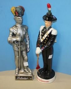 Ballantines Scotch Whiskey Decanter of Silver Knight, and Liquor Galliano Soldier Decanter Silver Knight Decanter: 18"h., Soldier Decanter: 19"h.