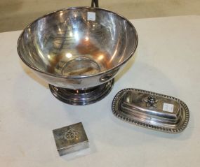 1936 Sheffield Punch Bowl 12" dia. Small silver metal box, silver plate butter dish