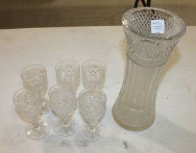 Cut Glass Vase 10"h, and 6 cut glass wine glasses 4 1/2"h
