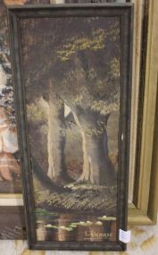 Painting of Trees by Water (torn) signed J. Riensduk 7"w, 17"h