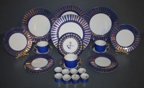 Fitz and Floyd "Tutankhamen" China Set Set of "Tut" china consisting of four dinner plates, four bread/butter, four cups and saucers, four salad plates, dish, eight napkin rings 28 total pcs.