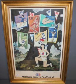Print by George Rodrigue "Spirit of the next Hero" Artist proof signed Rodrigue done in '85, 30"w., 41"., (broken glass)