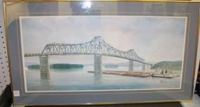 Artist Proof of Guntersville Bridge This print is artist proof of his fames "Port Guntersville" tugboat going under the bridge. Signed and dated Gene Price '83. 32"w., 17"h.