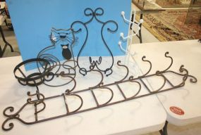 Iron Rack, Iron Cat Pot Holder, Three Other Iron Holders Iron Rack 41"L., Iron Cat Pot Holder 12"h., Three Other Iron Holders