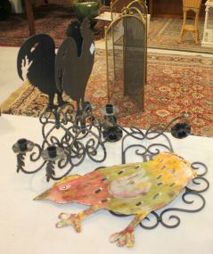 Pair of Iron Candlesticks, Rooster Candlestick, and Painted Tin Rooster Pair of Iron Candlesticks 13"w., 18"h., Rooster Candlestick 14"w., 17"h., and Painted Tin Rooster 22"w., 10"h.