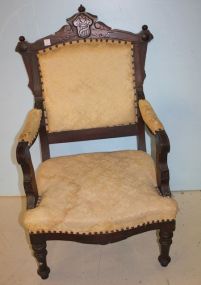Walnut Victorian Arm Chair upholstery has stains, matches lot # 508; 38" h.