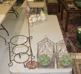 Iron Display Hook hook is 29 1/2" h., three tier iron plate stand 13" h., two iron displays 9 1/2" sq. x 16" h.