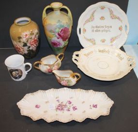 Two Hand Painted Vases, Cup, Bowls, Tray, Creamer, and Sugar vases 8" h. and 11" h.