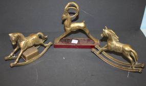 Two Brass Rocking Horses and Brass Goat horses 8" w.
