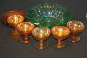 Large Green Glass Bowl, Five Carnival Glass Sherbets, Four Plates, Amber Salt bowl 11" dia., plates 6" dia.