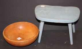 Wood Bowl and Wood Stool bowl 10" dia., stool 11" w., 8" h.