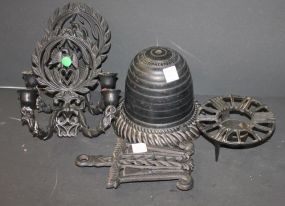 Two Iron Eagle Sconces, Trivets, Iron String Holder sconces 8" w., 9" h.