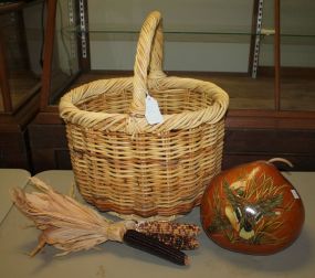 Large Basket with Handpainted Gourd with Duck 12"dia.