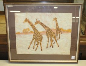 Handpainted Giraffes on Cloth Signed G. Warren 22"w., 18"h.